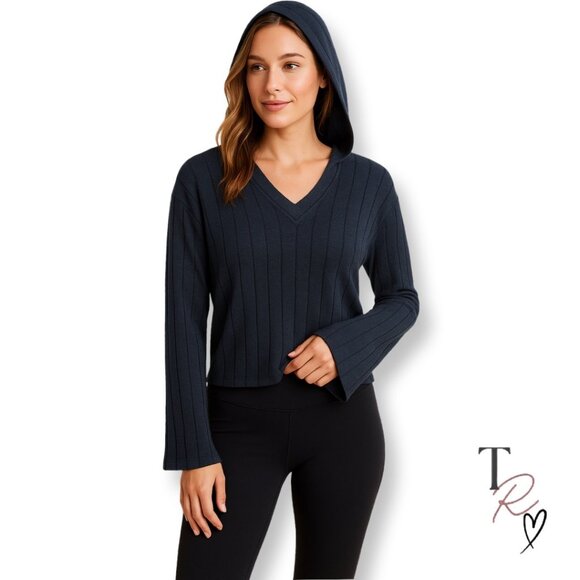 Athleta Harmony Pose Hooded Ribbed Sweater Midnight Navy Women’s Small - Picture 1 of 12